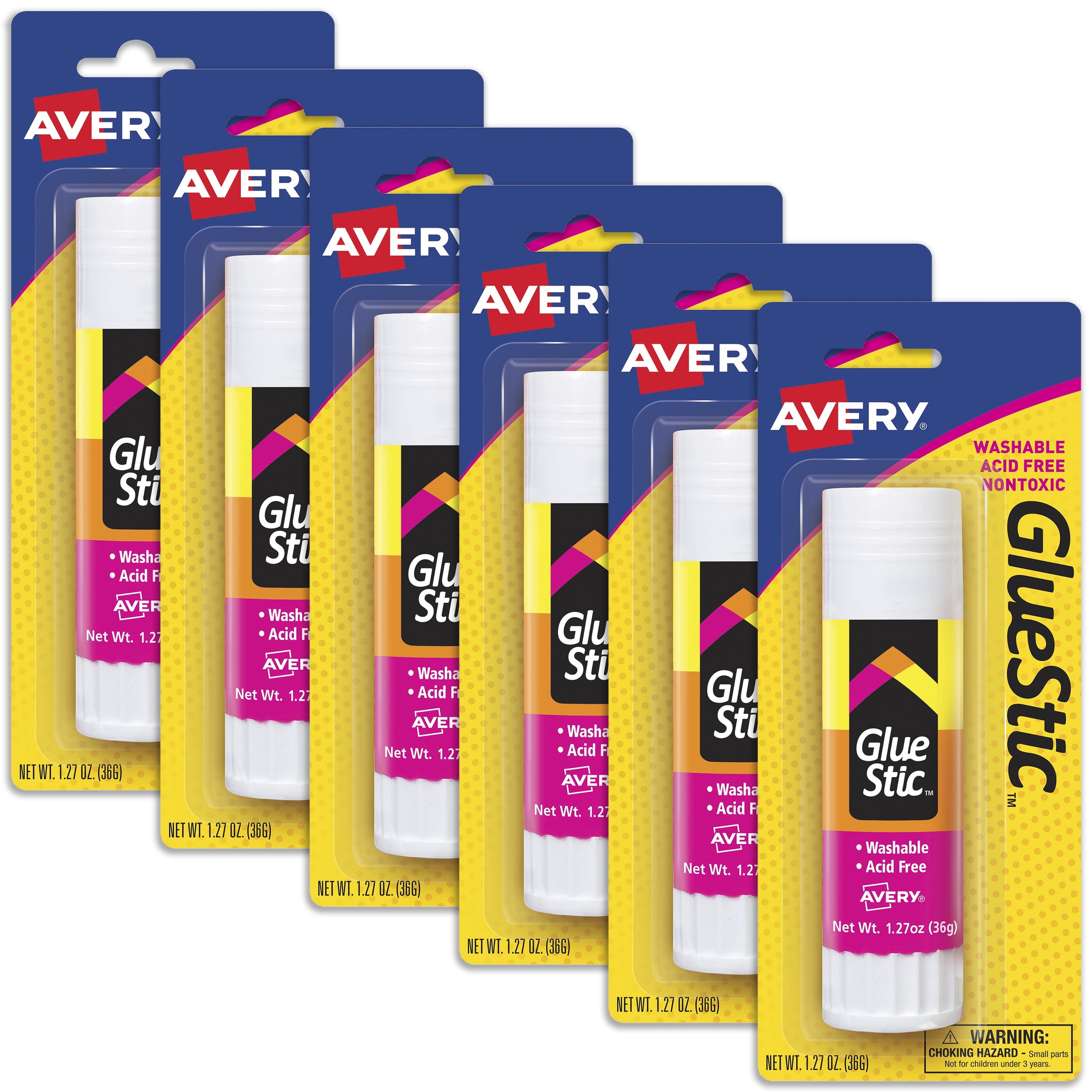 Avery Glue Stick White, Washable, Permanent, 1 per Pack, 6 Packs, 6 Glue Sticks Total (00191)