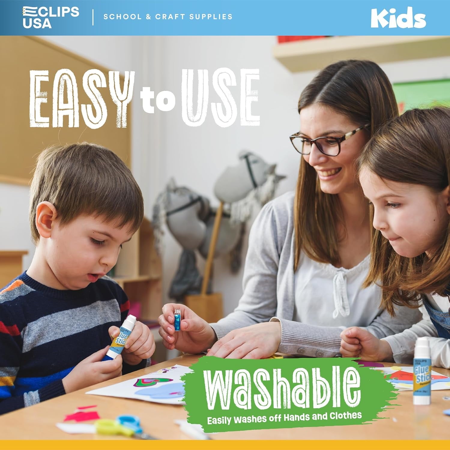 E-Clips USA Washable Glue Sticks for Arts & Crafts and Learning Supplies, 250-Pack