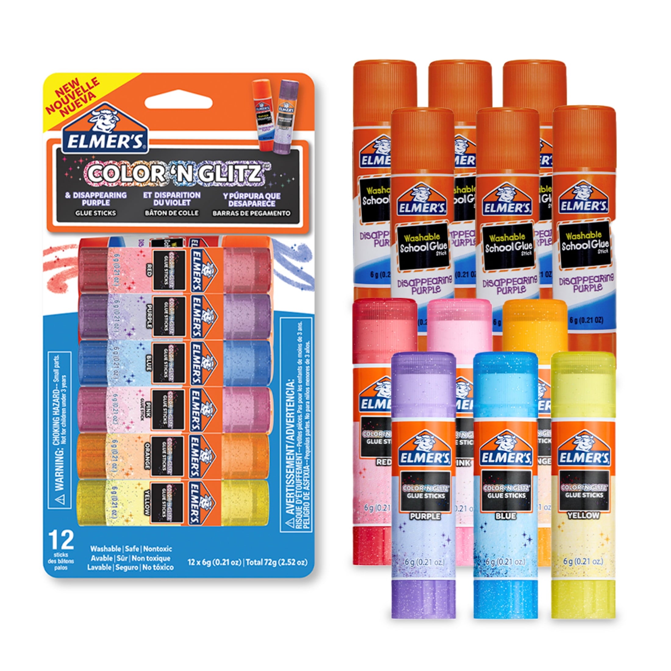 (3 pack) Elmer’s Color 'n Glitz Glue Sticks, Washable, Assorted Colors, 6 Grams, 12 pack