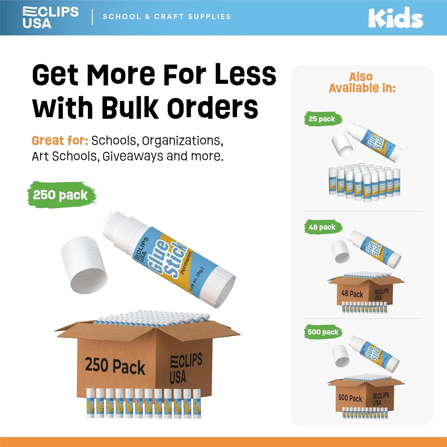 E-Clips USA Washable Glue Sticks for Arts & Crafts and Learning Supplies, 250-Pack