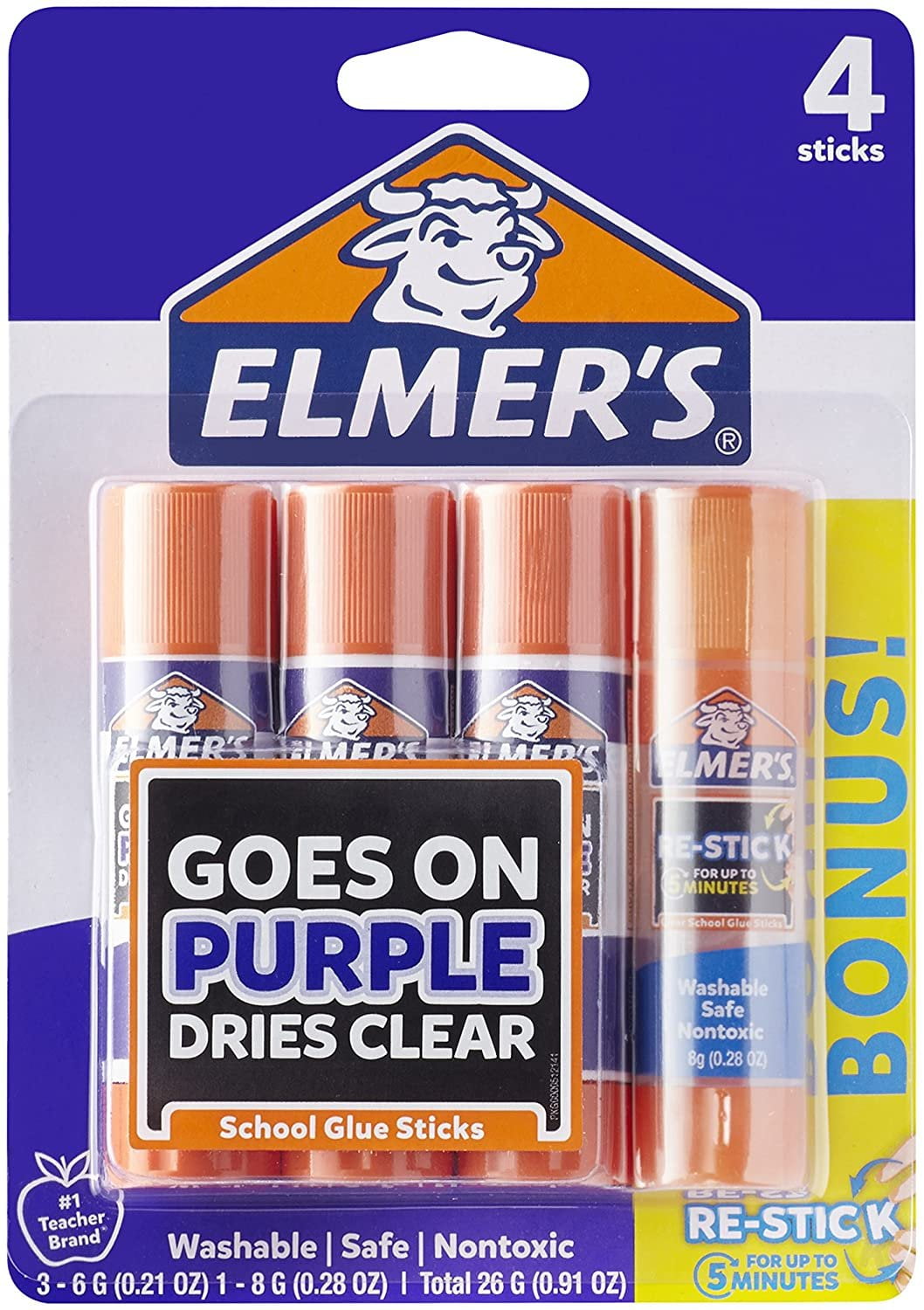 Elmers Disappearing Purple Glue Sticks with Bonus Re-Stick Glue Stick, 3 + 1 Pack