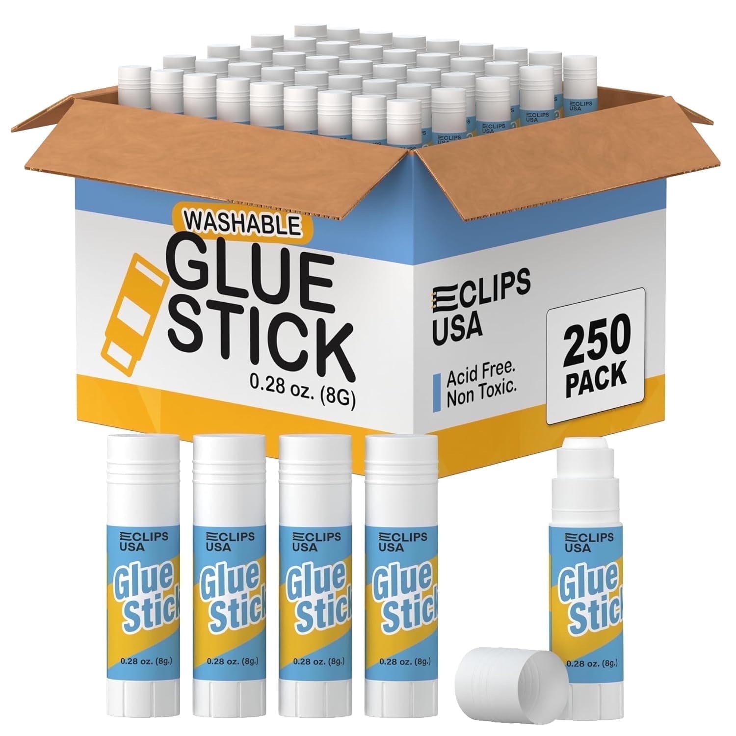 E-Clips USA Washable Glue Sticks for Arts & Crafts and Learning Supplies, 250-Pack