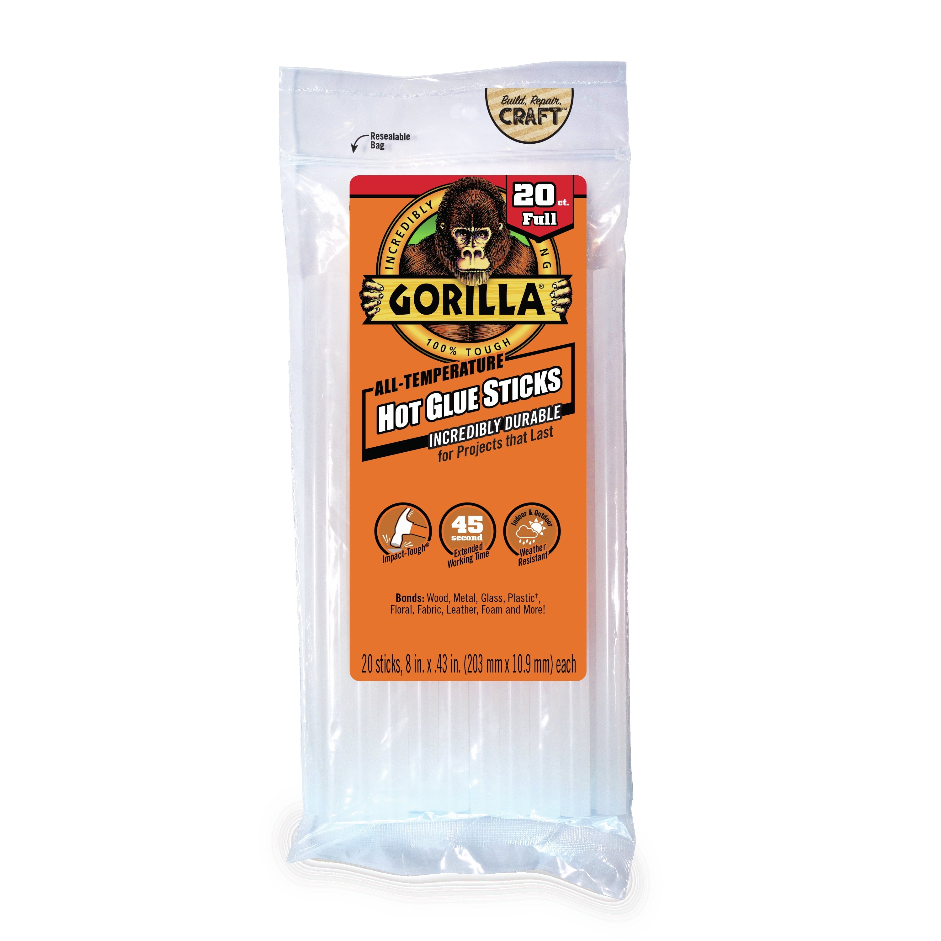 Gorilla Glue Clear Hot Glue Sticks, 8" x .43", 20-Count, Full Size