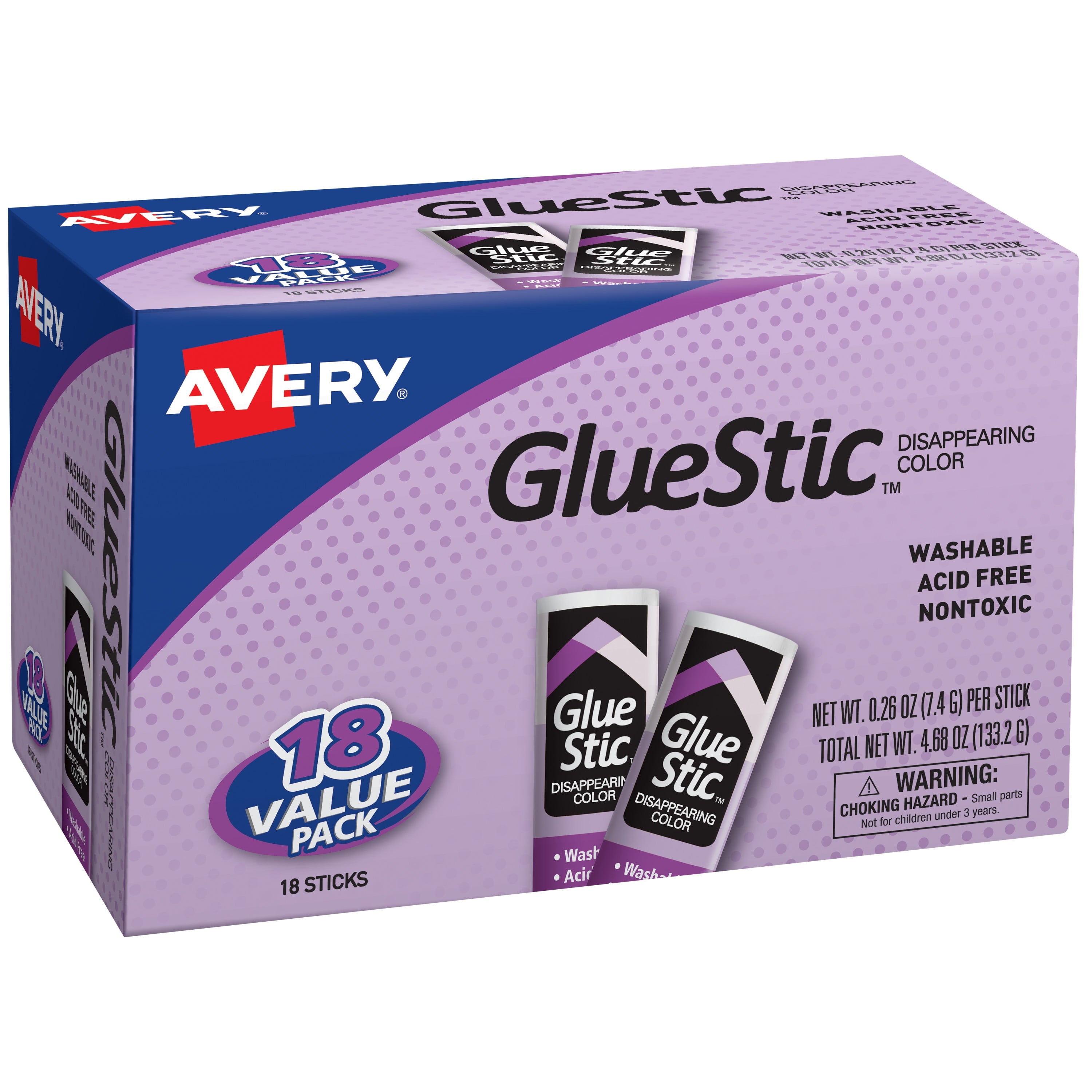 Permanent Glue Stic Value Pack, 0.26 Oz, Applies Purple, Dries Clear, 18/pack | Bundle of 5 Packs
